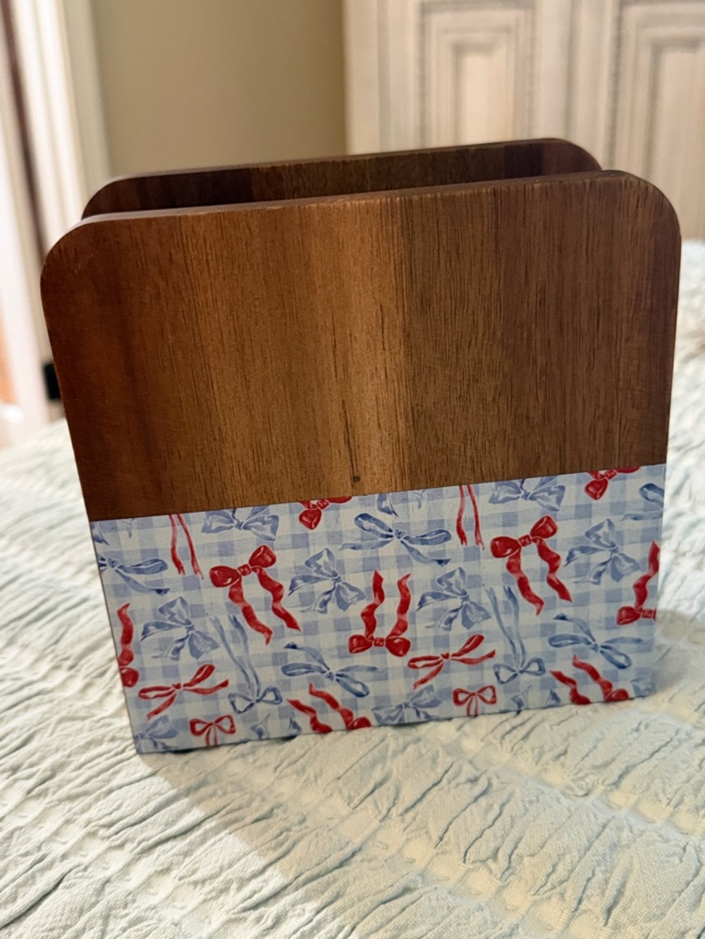 Wooden Napkin or Letter Holder with Red & Blue Bow Print-NWT